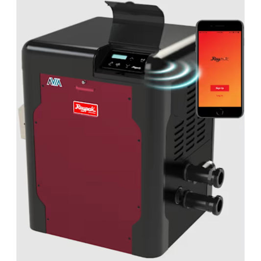 Raypak P-R404A-EN-C Low NOx Avia Natural Gas Heater, 399K BTU, Polymer Headers, Copper Exchanger, 135 lbs, 3/4” NPT, 2” Buttress, Built-in Wi-Fi